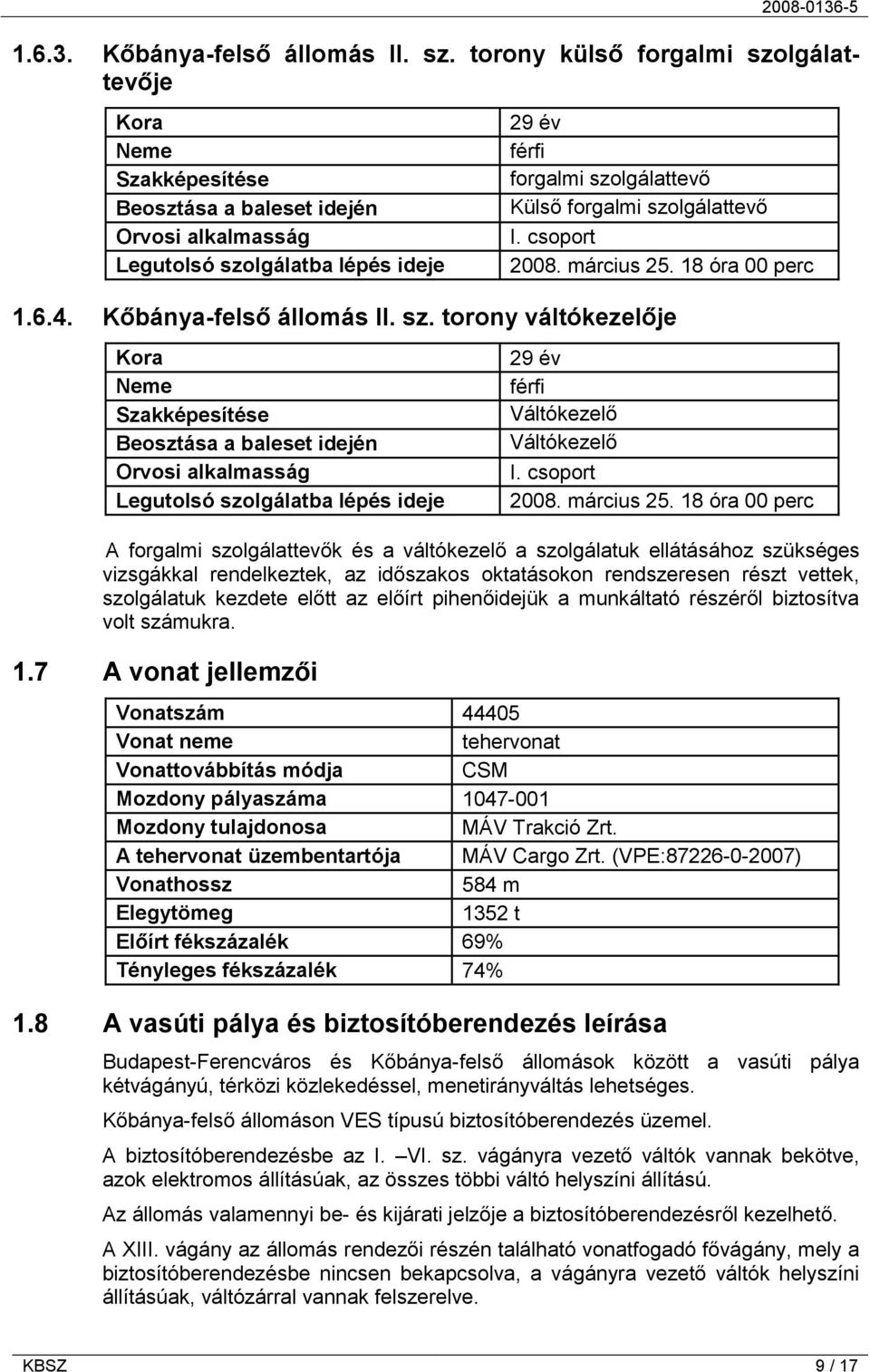 szolgálattevő I. csoport 2008. március 25. 18 óra 00 perc 1.6.4. Kőbánya-felső állomás II. sz.