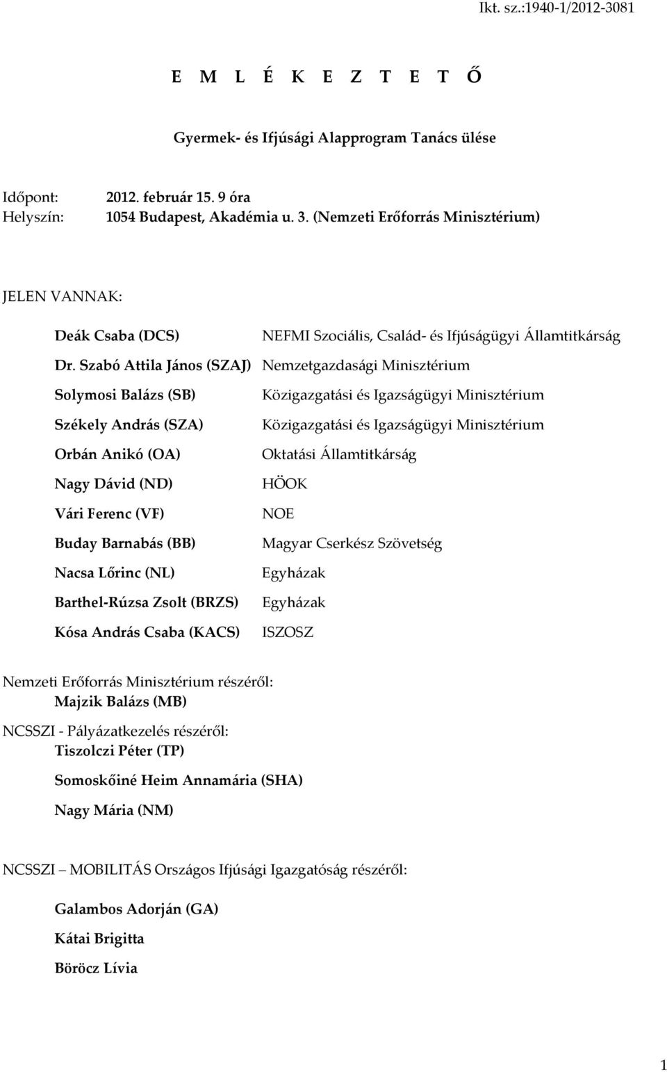 Szabó Attila János (SZAJ) Nemzetgazdasági Minisztérium Solymosi Balázs (SB) Székely András (SZA) Orbán Anikó (OA) Nagy Dávid (ND) Vári Ferenc (VF) Buday Barnabás (BB) Nacsa Lőrinc (NL) Közigazgatási