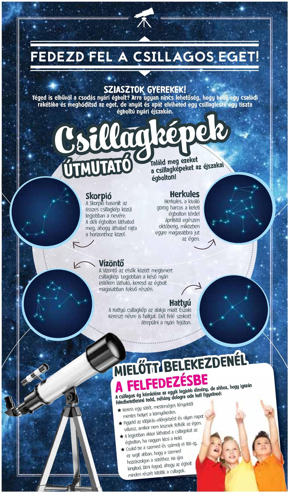 Csillagképek ÚTMUTATÓ Találd meg ezeket a csillagképeket az éjszakai égbolton! Skorpió A Skorpió hasonlít az összes csillagkép közül legjobban a nevére.