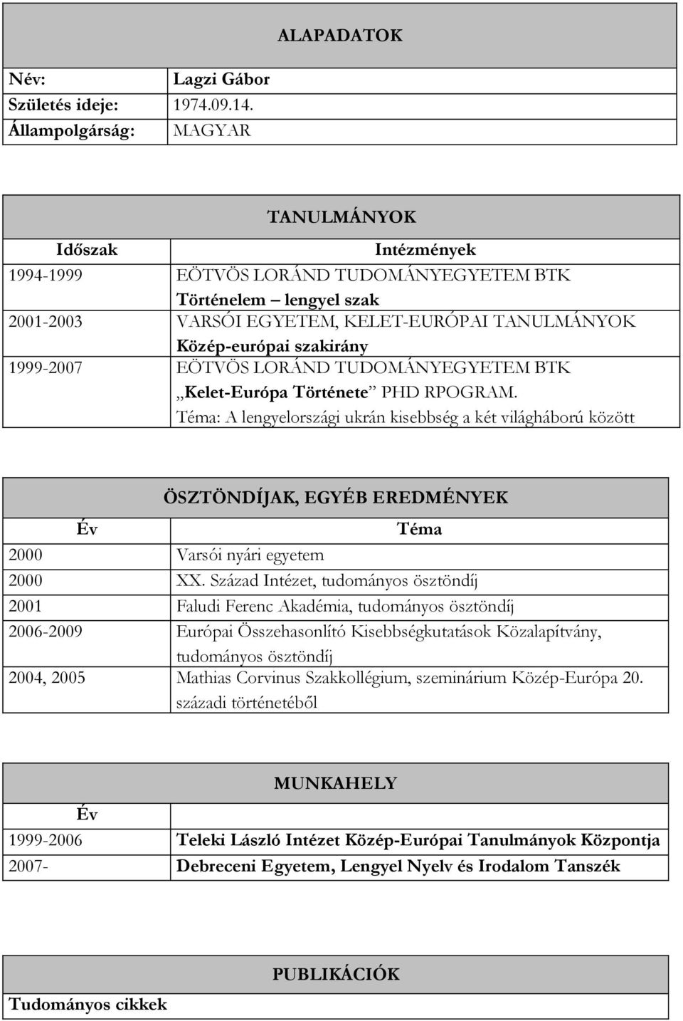 1999-2007 EÖTVÖS LORÁND TUDOMÁNYEGYETEM BTK Kelet-Európa Története PHD RPOGRAM.
