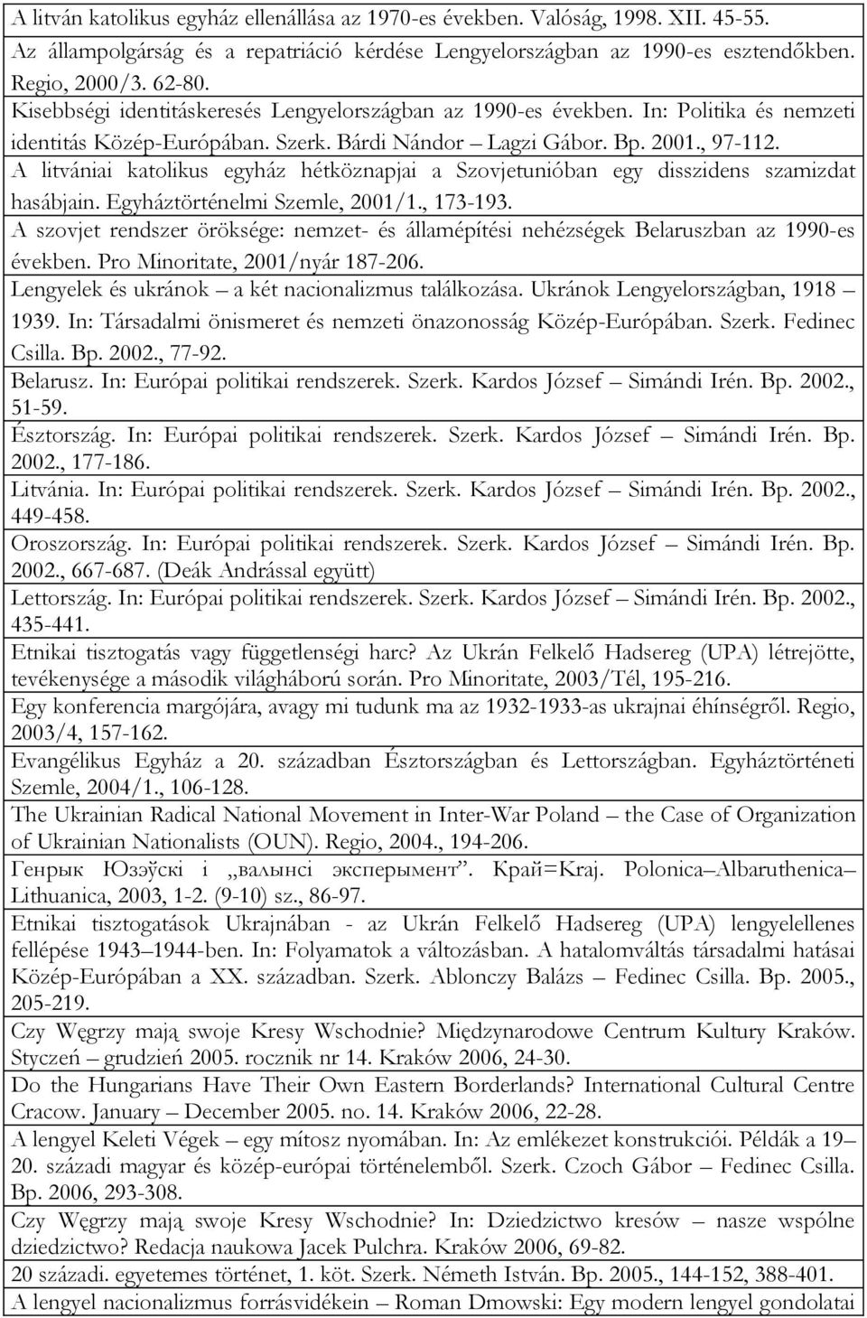 A litvániai katolikus egyház hétköznapjai a Szovjetunióban egy disszidens szamizdat hasábjain. Egyháztörténelmi Szemle, 2001/1., 173-193.