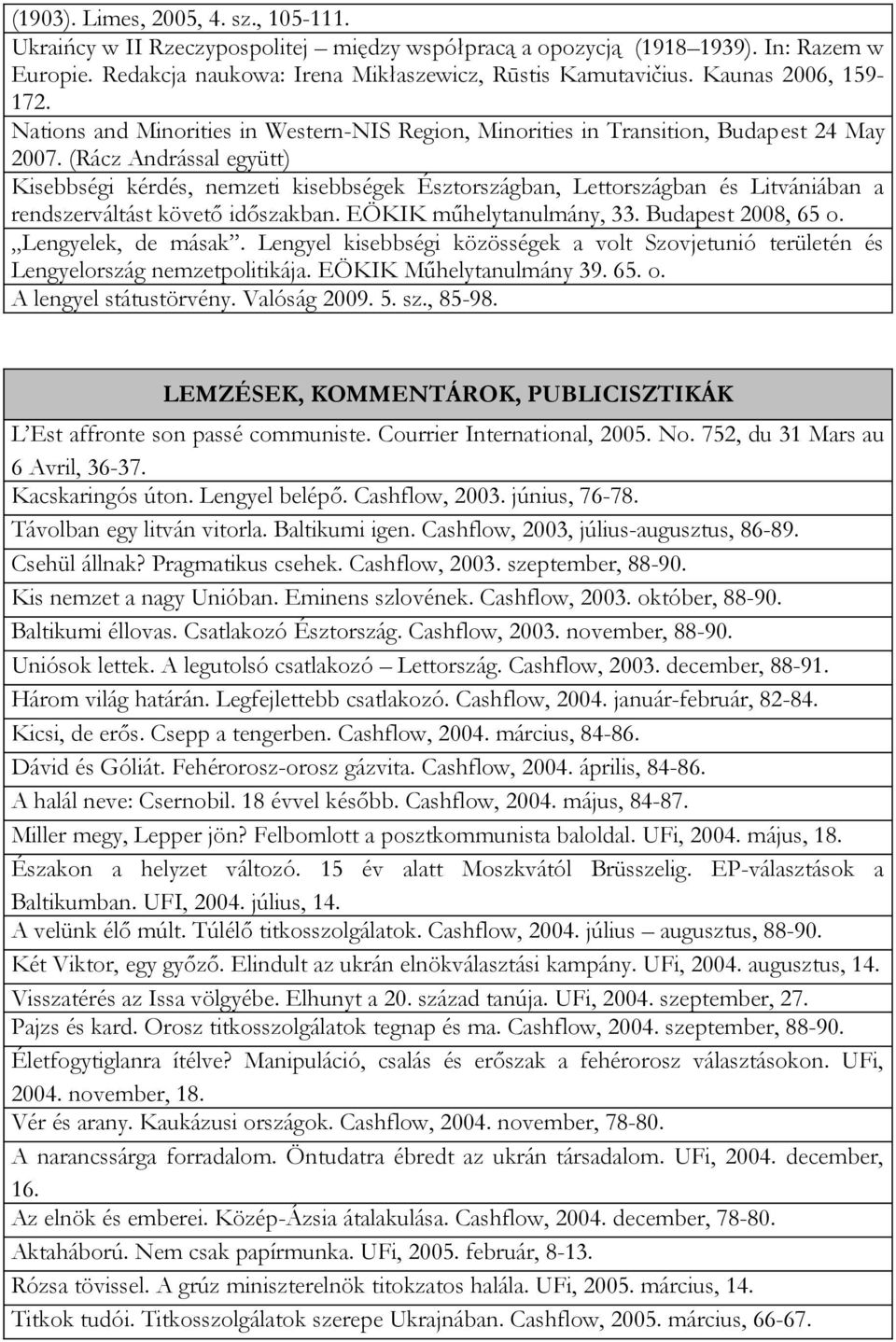 (Rácz Andrással együtt) Kisebbségi kérdés, nemzeti kisebbségek Észtországban, Lettországban és Litvániában a rendszerváltást követő időszakban. EÖKIK műhelytanulmány, 33. Budapest 2008, 65 o.