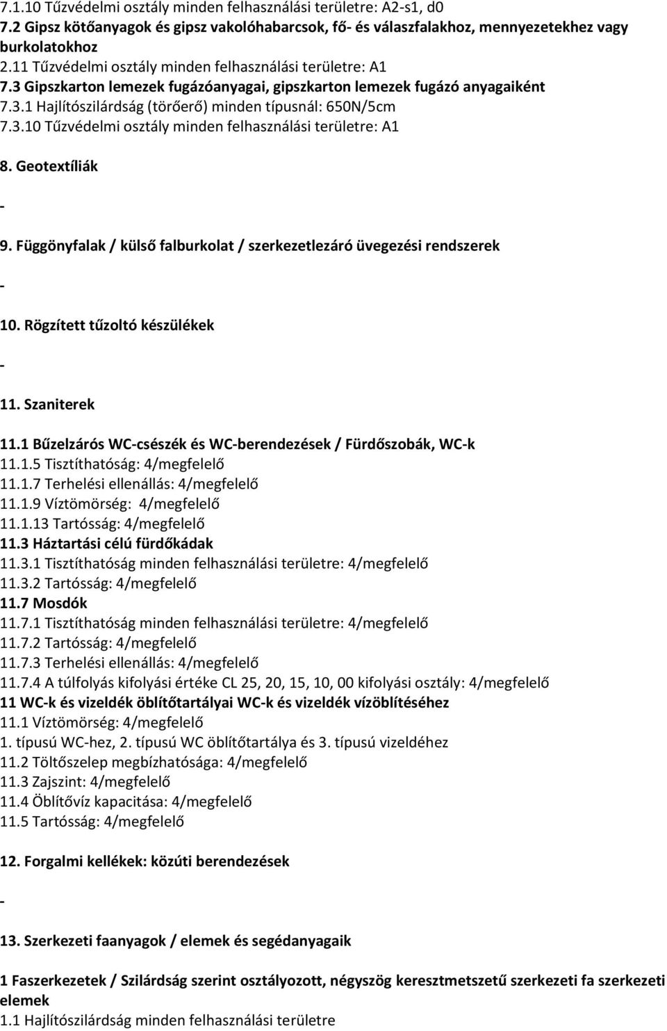 Geotextíliák 9. Függönyfalak / külső falburkolat / szerkezetlezáró üvegezési rendszerek 10. Rögzített tűzoltó készülékek 11. Szaniterek 11.