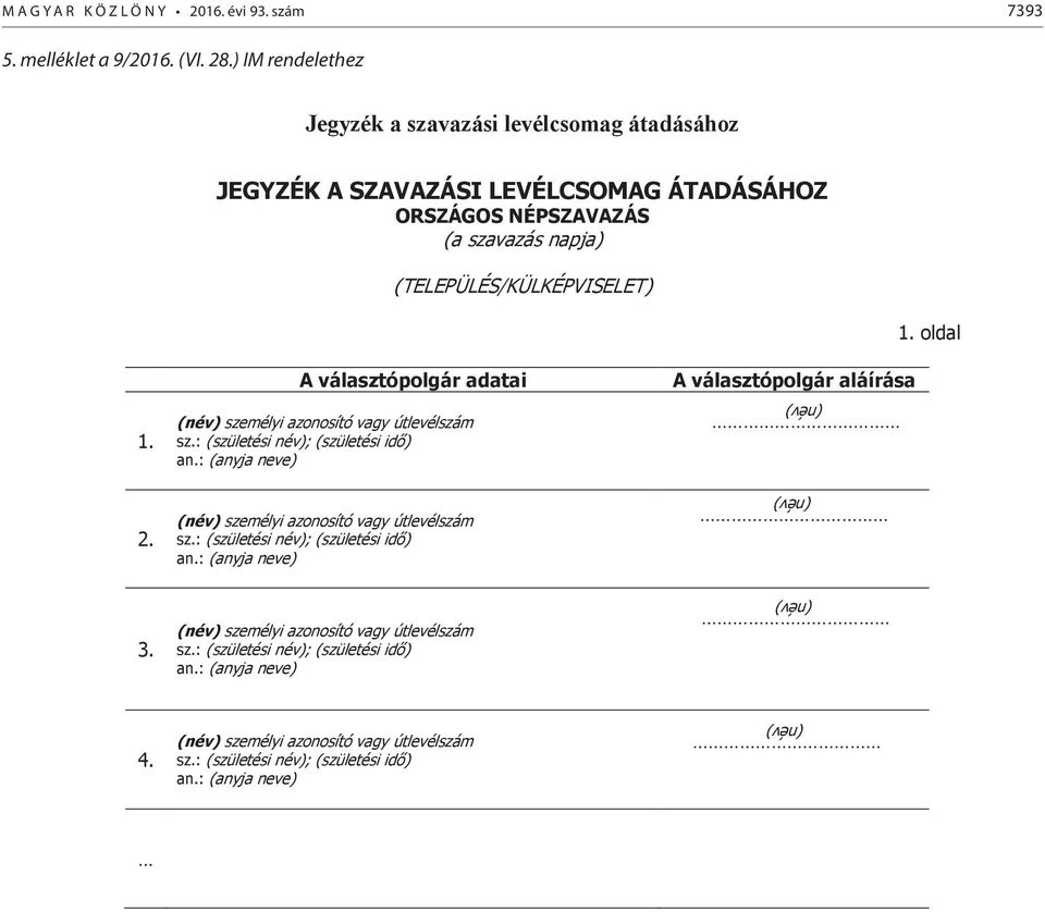 ) IM rendelethez JEGYZÉK A SZAVAZÁSI LEVÉLCSOMAG ÁTADÁSÁHOZ ORSZÁGOS NÉPSZAVAZÁS (a szavazás napja) (TELEPÜLÉS/KÜLKÉPVISELET) 1. oldal A választópolgár adatai A választópolgár aláírása 1.