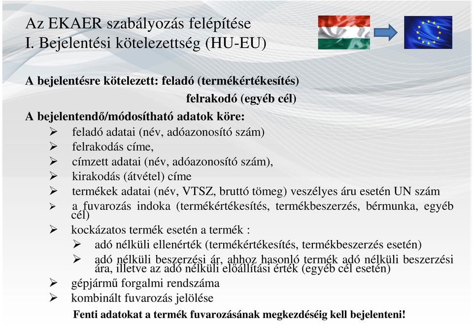 címe, címzett adatai (név, adóazonosító szám), kirakodás (átvétel) címe termékek adatai (név, VTSZ, bruttó tömeg) veszélyes áru esetén UN szám a fuvarozás indoka (termékértékesítés, termékbeszerzés,