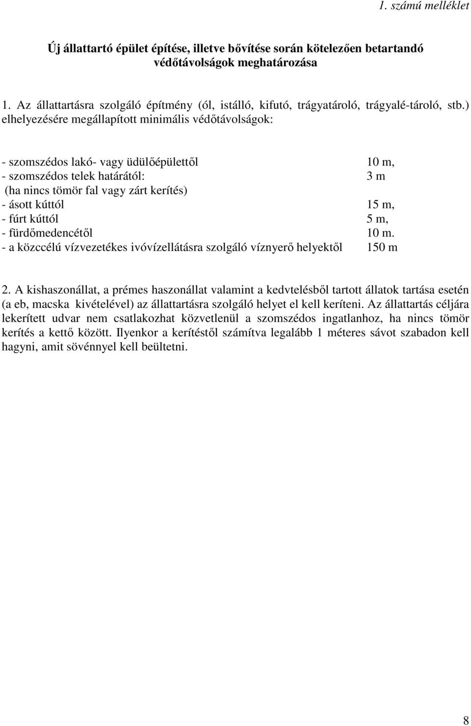 ) elhelyezésére megállapított minimális védőtávolságok: - szomszédos lakó- vagy üdülőépülettől 10 m, - szomszédos telek határától: 3 m (ha nincs tömör fal vagy zárt kerítés) - ásott kúttól 15 m, -