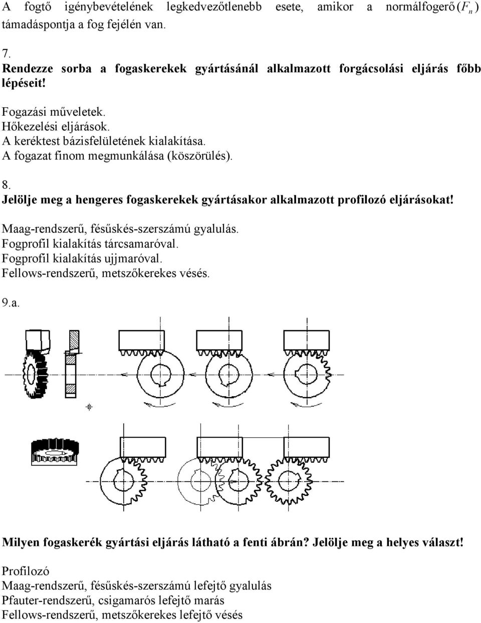 A fogazat finom megmunkálása (köszöülés). 8. Jelölje meg a hengees fogaskeekek gyátásako alkalmazott pofilozó eljáásokat! Maag-endszeő, fésőskés-szeszámú gyalulás.