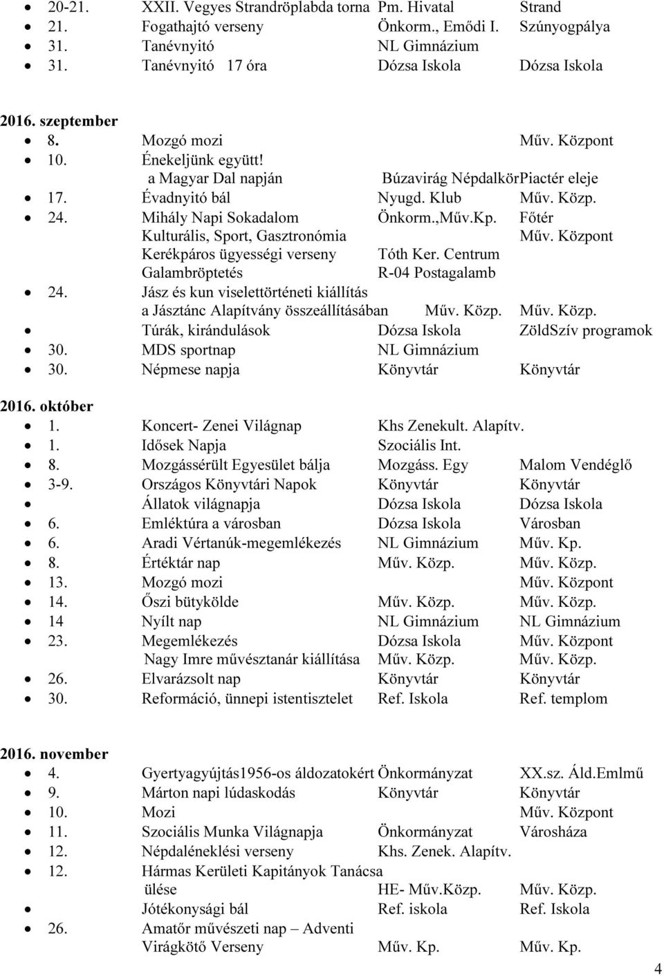 Főtér Kulturális, Sport, Gasztronómia Műv. Központ Kerékpáros ügyességi verseny Tóth Ker. Centrum Galambröptetés R-04 Postagalamb 24.