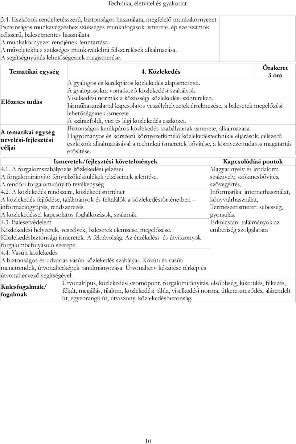 Közlekedés 3 óra A gyalogos és kerékpáros közlekedés alapismeretei. A gyalogosokra vonatkozó közlekedési szabályok. Viselkedési normák a közösségi közlekedési színtereken.