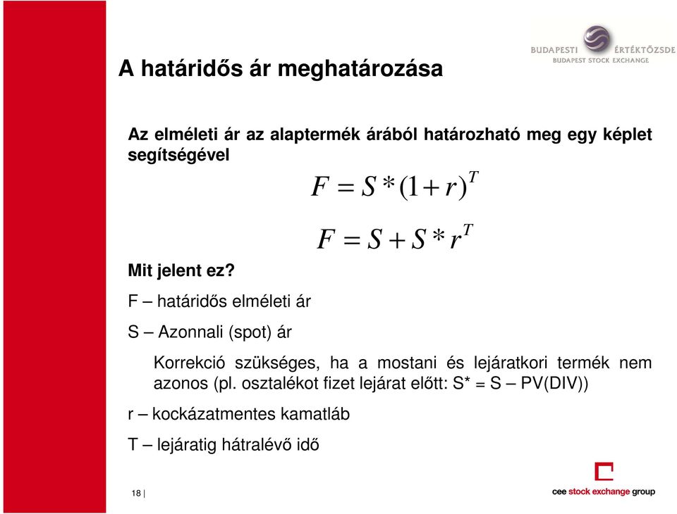 F határidős elméleti ár S Azonnali (spot) ár F = S *(1 + r) F = S + S * Korrekció szükséges,