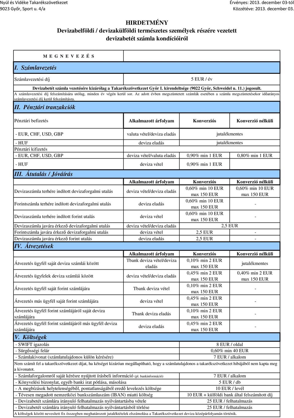 Számlavezetés M E G N E V E Z É S Számlavezetési díj 5 EUR / év Devizabetét számla vezetésére kizárólag a Takarékszövetkezet Győr I. kirendeltsége (9022 Győr, Schweidel u. 11.) jogosult.