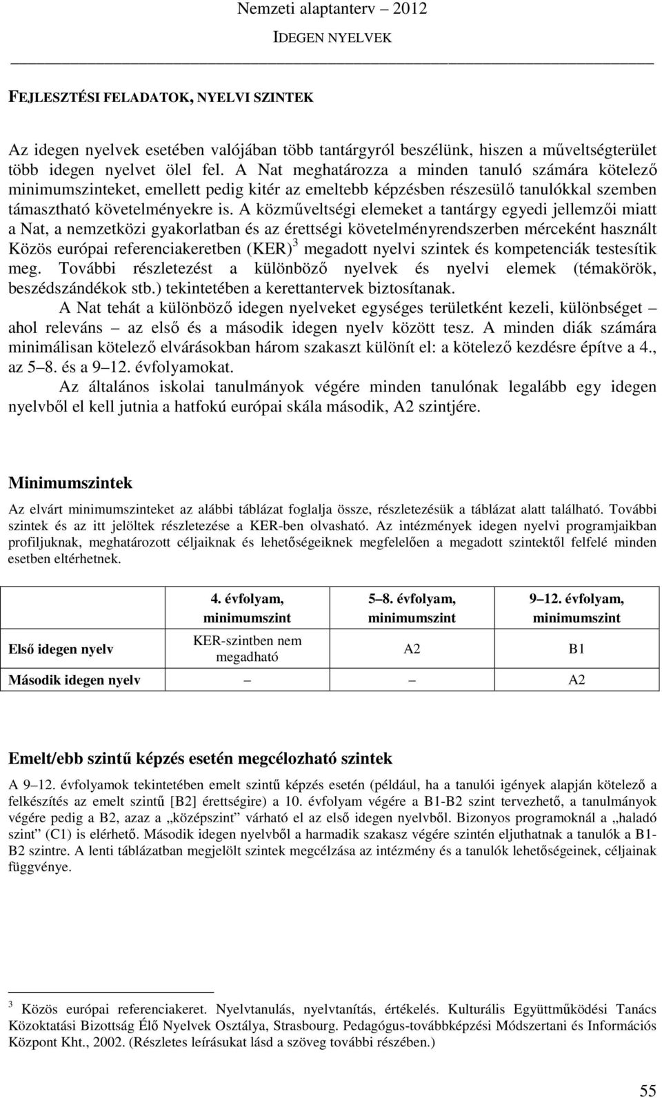 A közműveltségi elemeket a tantárgy egyedi jellemzői miatt a Nat, a nemzetközi gyakorlatban és az érettségi követelményrendszerben mérceként használt Közös európai referenciakeretben (KER) 3 megadott