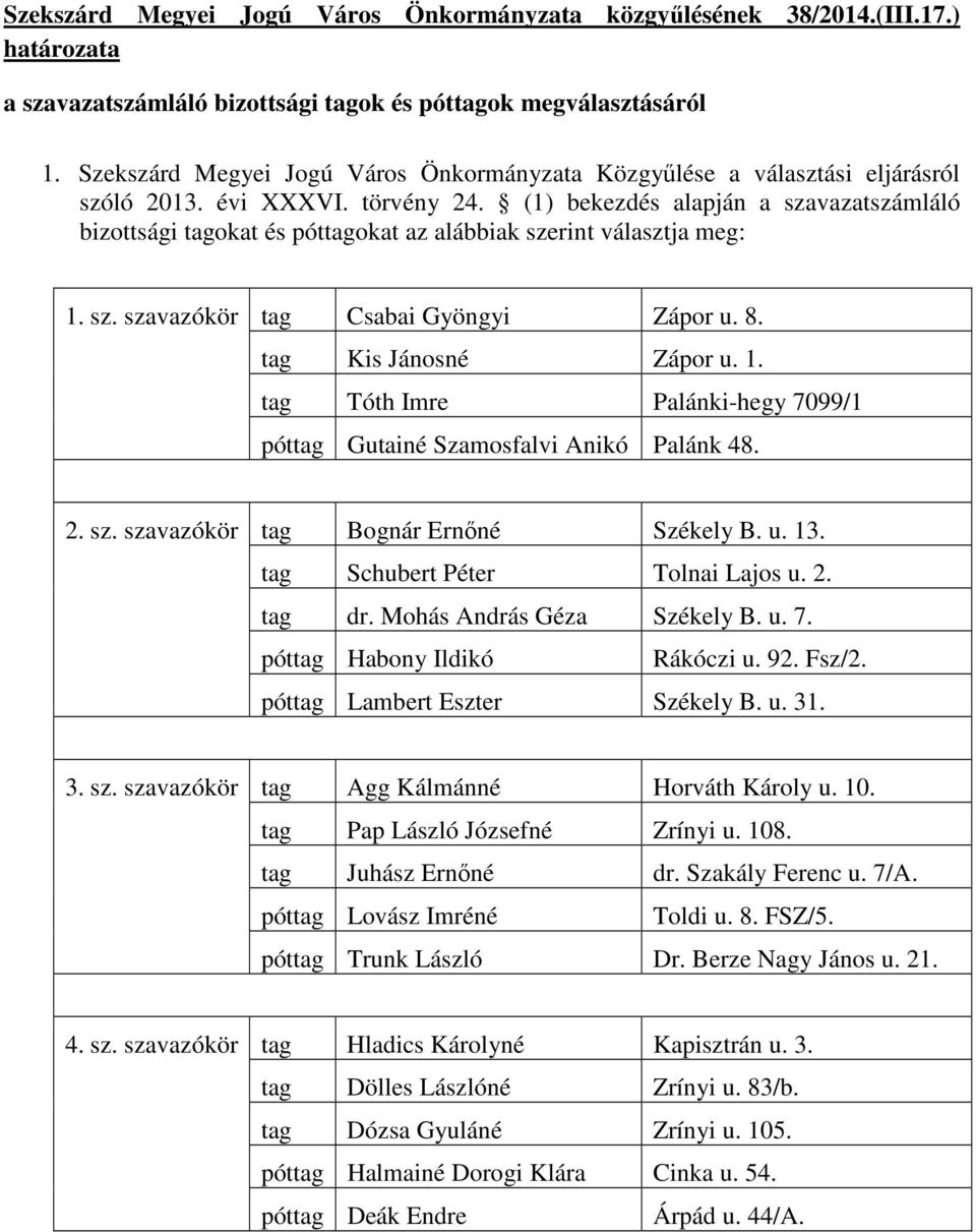 (1) bekezdés alapján a szavazatszámláló bizottsági tagokat és póttagokat az alábbiak szerint választja meg: 1. sz. tag Csabai Gyöngyi Zápor u. 8. tag Kis Jánosné Zápor u. 1. tag Tóth Imre Palánki-hegy 7099/1 póttag Gutainé Szamosfalvi Anikó Palánk 48.