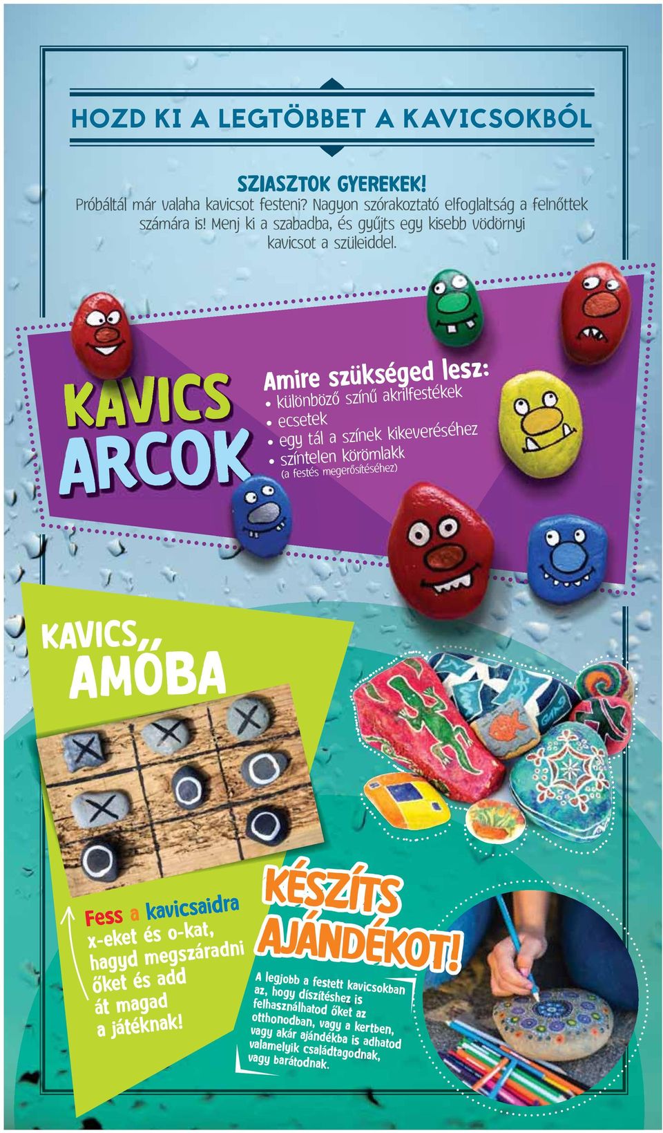 KAVICS ARCOK Amire szükséged lesz: különböző színű akrilfestékek ecsetek egy tál a színek kikeveréséhez színtelen körömlakk (a festés megerősítéséhez) KAVICS AMŐBA Fess