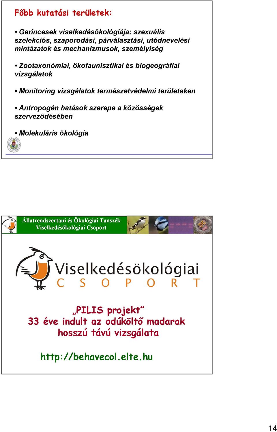 természetvédelmi területeken Antropogén hatások szerepe a közösségek szerveződésében Molekuláris ökológia Állatrendszertani és