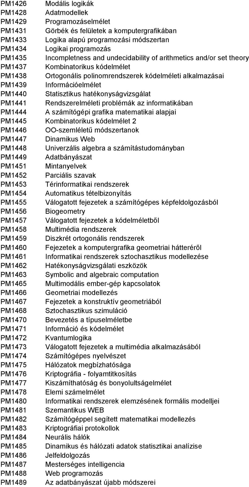 Statisztikus hatékonyságvizsgálat PM1441 Rendszerelméleti problémák az informatikában PM1444 A számítógépi grafika matematikai alapjai PM1445 Kombinatorikus kódelmélet 2 PM1446 OO-szemléletű
