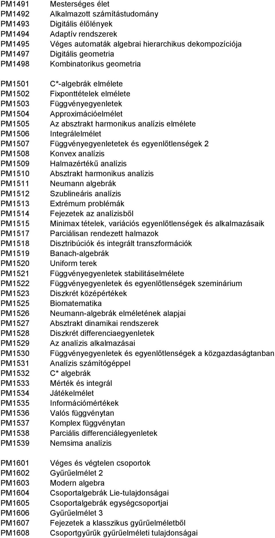 PM1506 Integrálelmélet PM1507 Függvényegyenletetek és egyenlőtlenségek 2 PM1508 Konvex analízis PM1509 Halmazértékű analízis PM1510 Absztrakt harmonikus analízis PM1511 Neumann algebrák PM1512