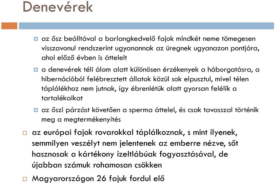 alatt gyorsan felélik a tartalékaikat az őszi párzást követően a sperma áttelel, és csak tavasszal történik meg a megtermékenyítés az európai fajok rovarokkal táplálkoznak, s