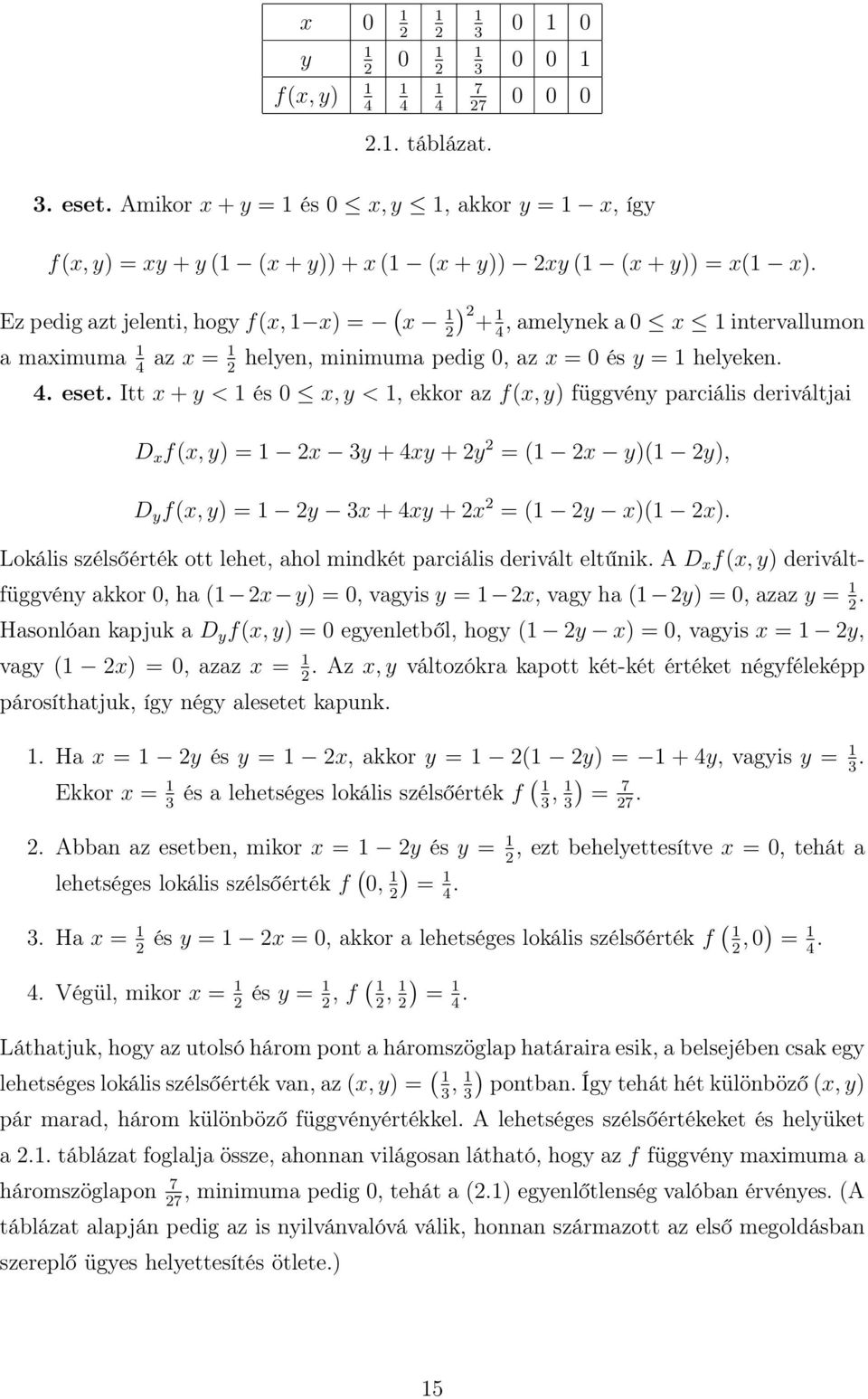 Itt x + y < és 0 x, y <, ekkor az f(x, y függvény parciális deriváltjai D x f(x, y = x y + 4xy + y = ( x y( y, D y f(x, y = y x + 4xy + x = ( y x( x.