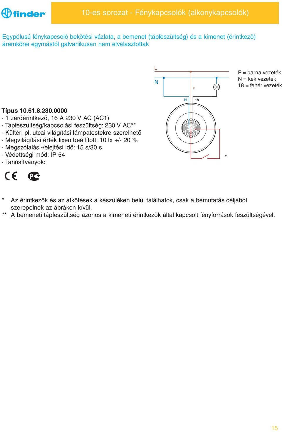utcai világítási lámpatestekre szerelhető - Megvilágítási érték fixen beállított: 10 lx +/- 20 % - Megszólalási-/elejtési idő: 15 s/30 s - Védettségi mód: P 54 - Tanúsítványok: * * Az