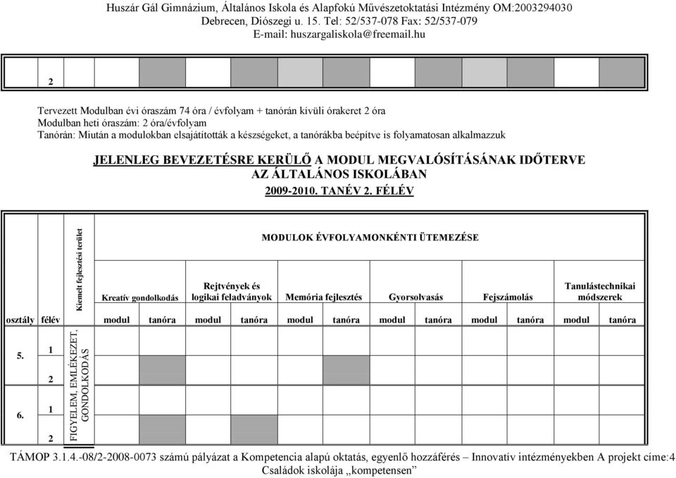 BEVEZETÉSRE KERÜLŐ A MODUL MEGVALÓSÍTÁSÁNAK IDŐTERVE AZ ÁLTALÁNOS ISKOLÁBAN 2009-2010. TANÉV 2.