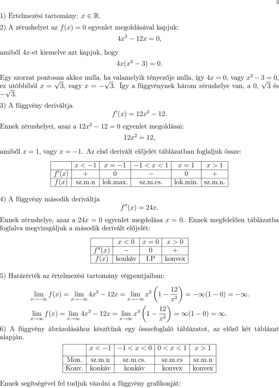 Ennek zérushelyei, azaz a x = 0 egyenlet megoldásai: x =, amiből x =, vagy x =. Az első derivált előjelét táblázatban foglaljuk össze: x < x = < x < x = x > f (x) + 0 0 + f(x) sz.m.n lok.max. sz.m.cs.