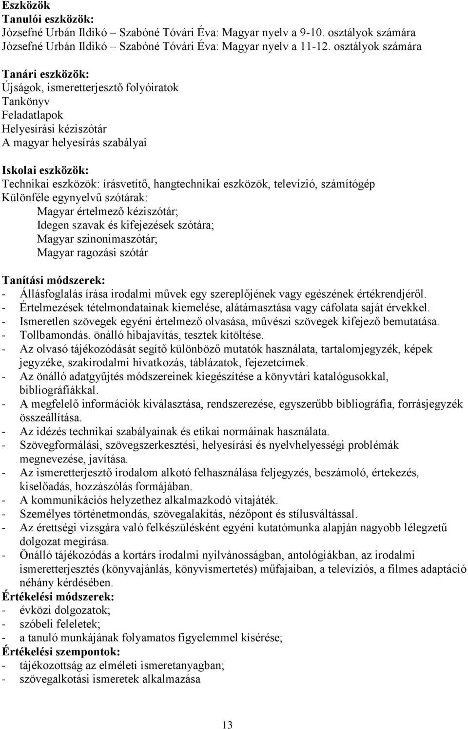 hangtechnikai eszközök, televízió, számítógép Különféle egynyelvű szótárak: Magyar értelmező kéziszótár; Idegen szavak és kifejezések szótára; Magyar szinonimaszótár; Magyar ragozási szótár Tanítási