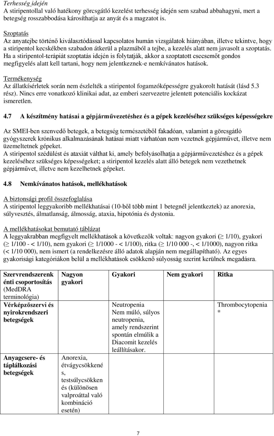 javasolt a szoptatás. Ha a stiripentol-terápiát szoptatás idején is folytatják, akkor a szoptatott csecsemőt gondos megfigyelés alatt kell tartani, hogy nem jelentkeznek-e nemkívánatos hatások.