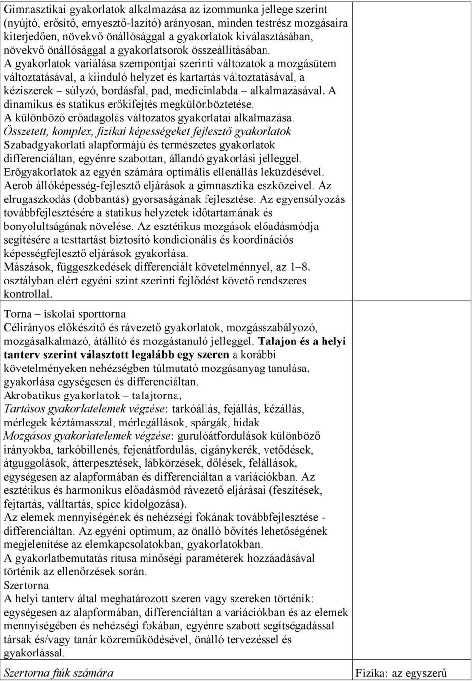 A gyakorlatok variálása szempontjai szerinti változatok a mozgásütem változtatásával, a kiinduló helyzet és kartartás változtatásával, a kéziszerek súlyzó, bordásfal, pad, medicinlabda alkalmazásával.