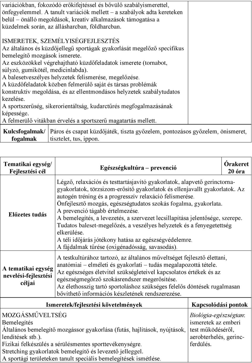 ISMERETEK, SZEMÉLYISÉGFEJLESZTÉS Az általános és küzdőjellegű sportágak gyakorlását megelőző specifikus bemelegítő mozgások ismerete.