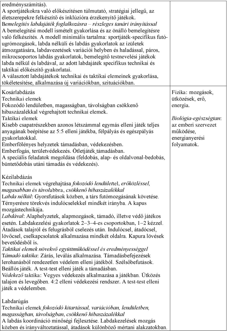 A modell minimális tartalma: sportjáték-specifikus futóugrómozgások, labda nélküli és labdás gyakorlatok az ízületek átmozgatására, labdavezetések variációi helyben és haladással, páros,