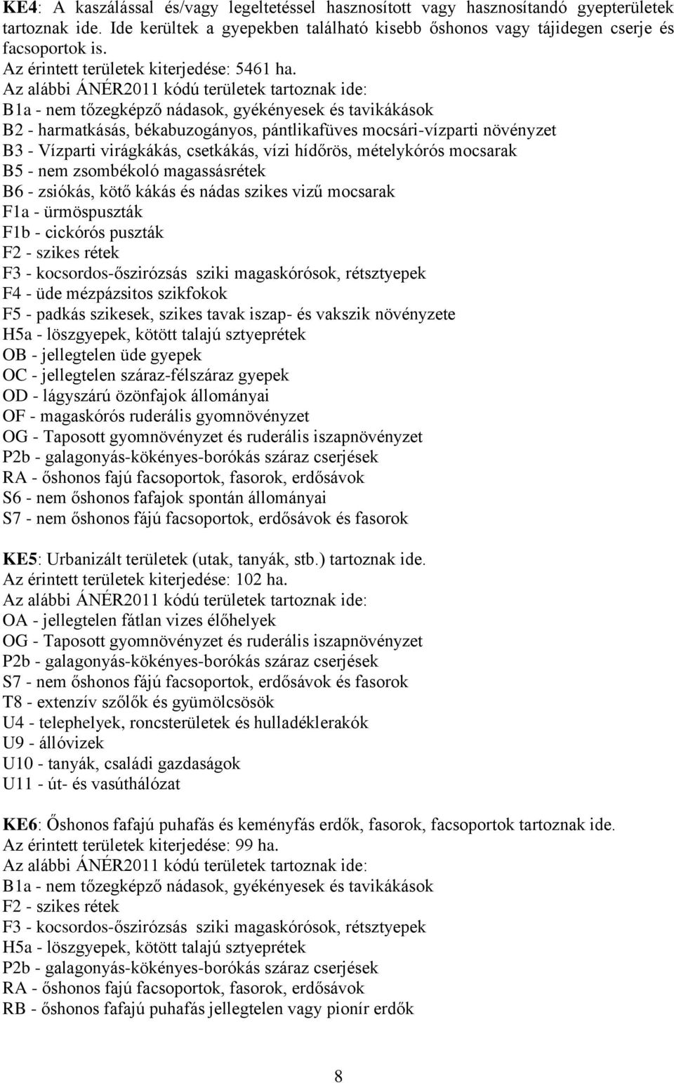 Az alábbi ÁNÉR2011 kódú területek tartoznak ide: B1a - nem tőzegképző nádasok, gyékényesek és tavikákások B2 - harmatkásás, békabuzogányos, pántlikafüves mocsári-vízparti növényzet B3 - Vízparti