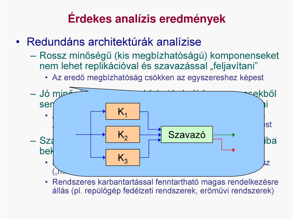 átkapcsoló logika) bejövő hibája leronthatja a rendszert az egyszeres komponenshez képest K 2 Szavazó Szavazásos redundáns rendszer: az első rendszerhiba bekövetkezésének várható ideje kisebb