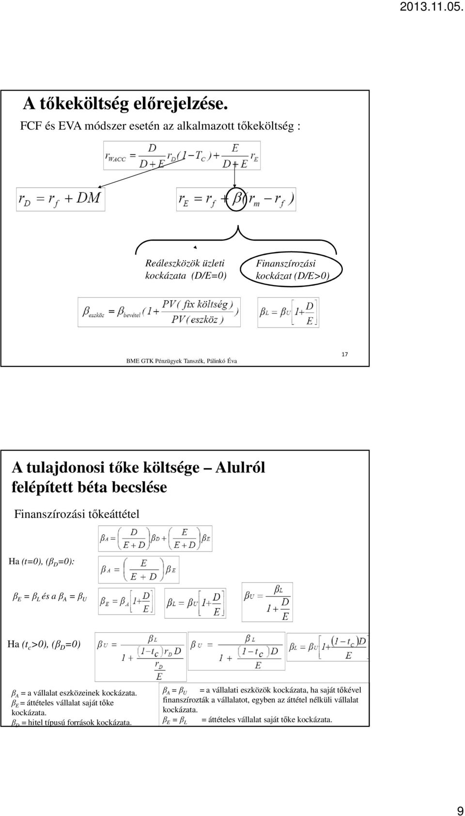 Alulról felépített béta becslése Finanszírozási tőkeáttétel Ha (t=0), (β D =0): β E = β L és a β A = β U Ha (t c >0), (β D =0) β A = a vállalat eszközeinek