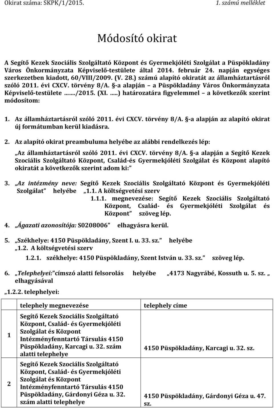 -a alapján a Püspökladány Város Önkormányzata Képviselő-testülete./2015. (XI...) határozatára figyelemmel a következők szerint módosítom: 1. Az államháztartásról szóló 2011. évi CXCV. törvény 8/A.