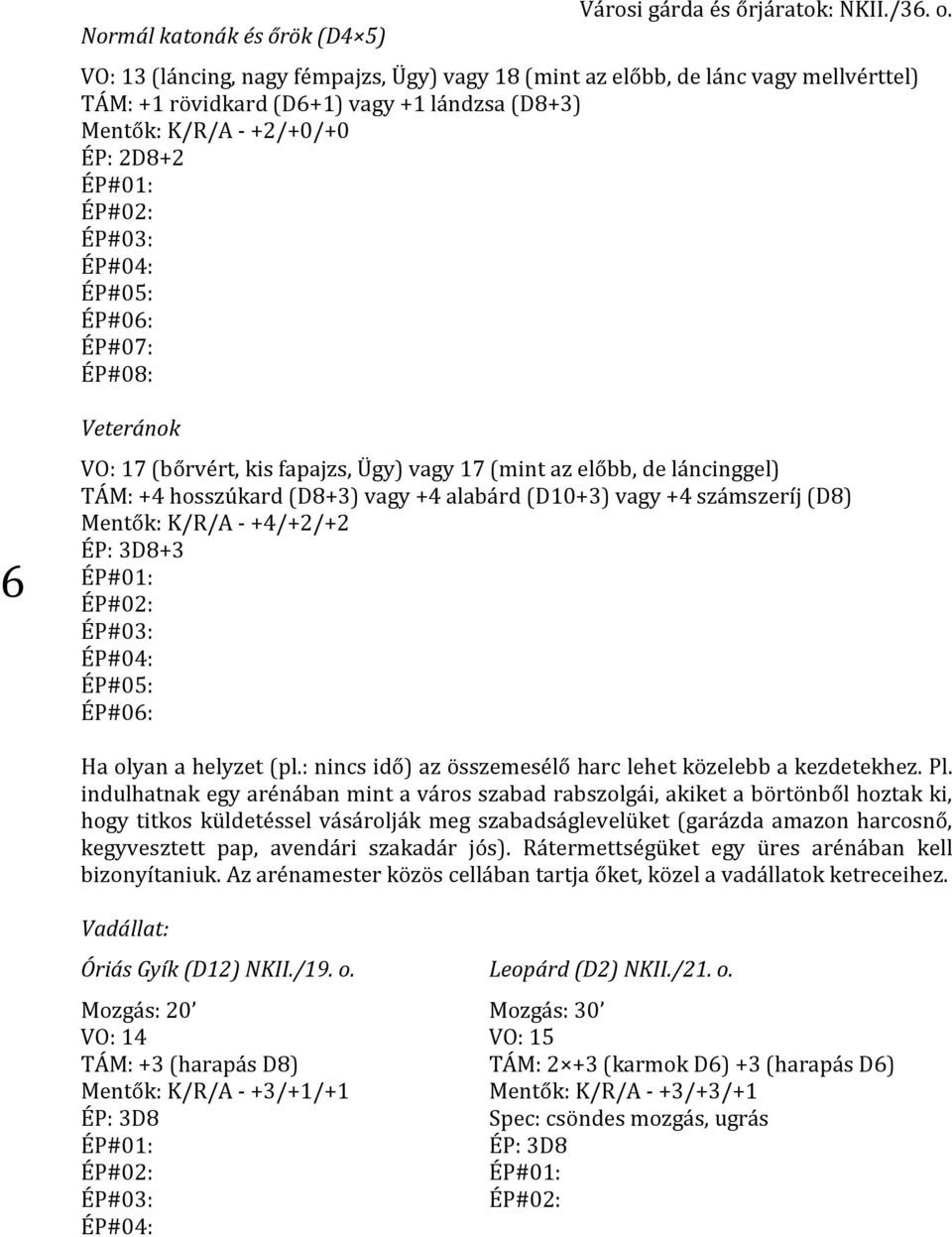 ÉP#05: ÉP#06: ÉP#07: ÉP#08: 6 Veteránok VO: 17 (bőrvért, kis fapajzs, Ügy) vagy 17 (mint az előbb, de láncinggel) TÁM: +4 hosszúkard (D8+3) vagy +4 alabárd (D10+3) vagy +4 számszeríj (D8) Mentők: