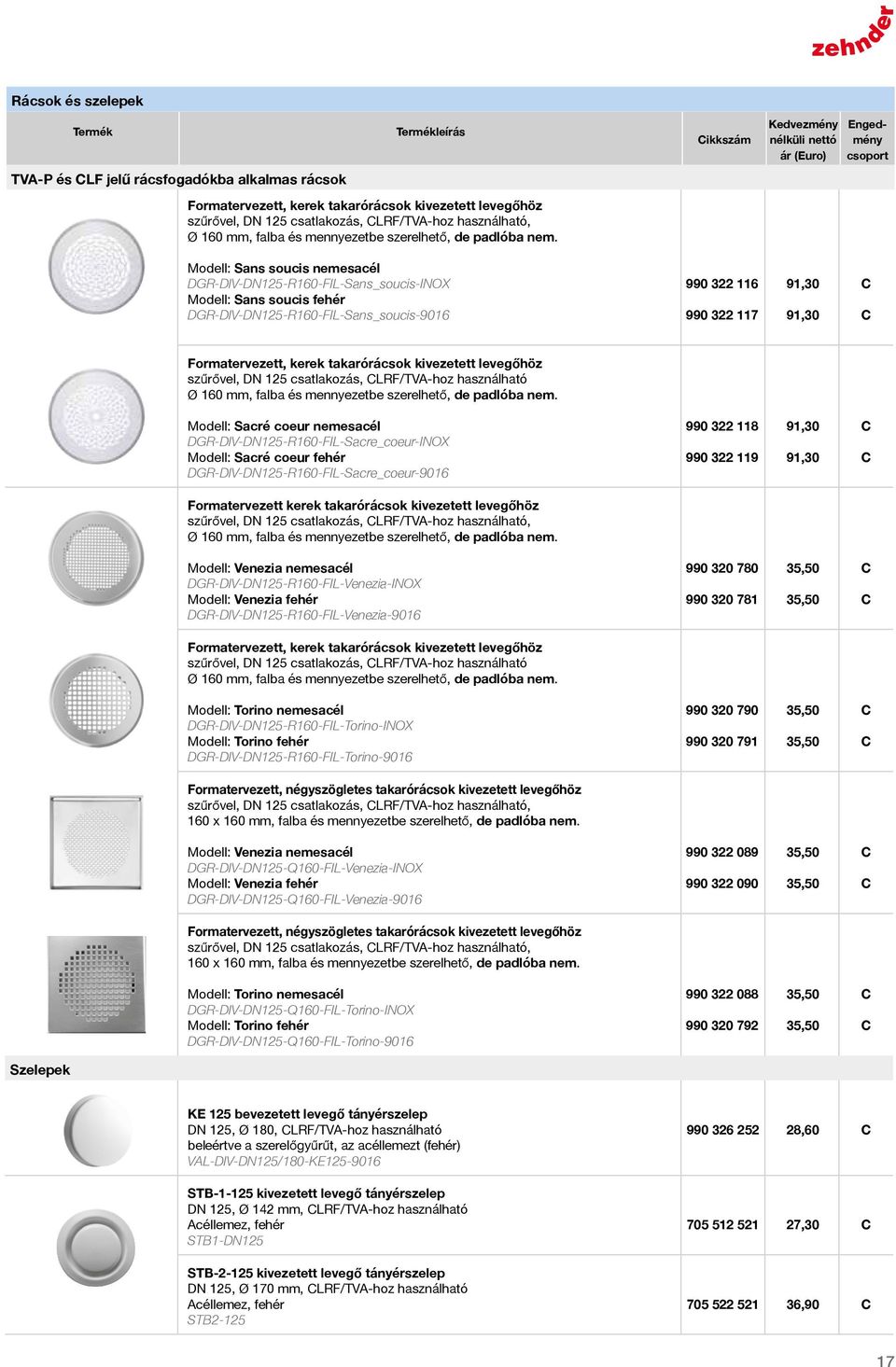 ikkszám ár (uro) ngedmény Modell: Sans soucis nemesacél DGR-DIV-DN125-R160-FIL-Sans_soucis-INOX Modell: Sans soucis fehér DGR-DIV-DN125-R160-FIL-Sans_soucis-9016 990 322 116 990 322 117
