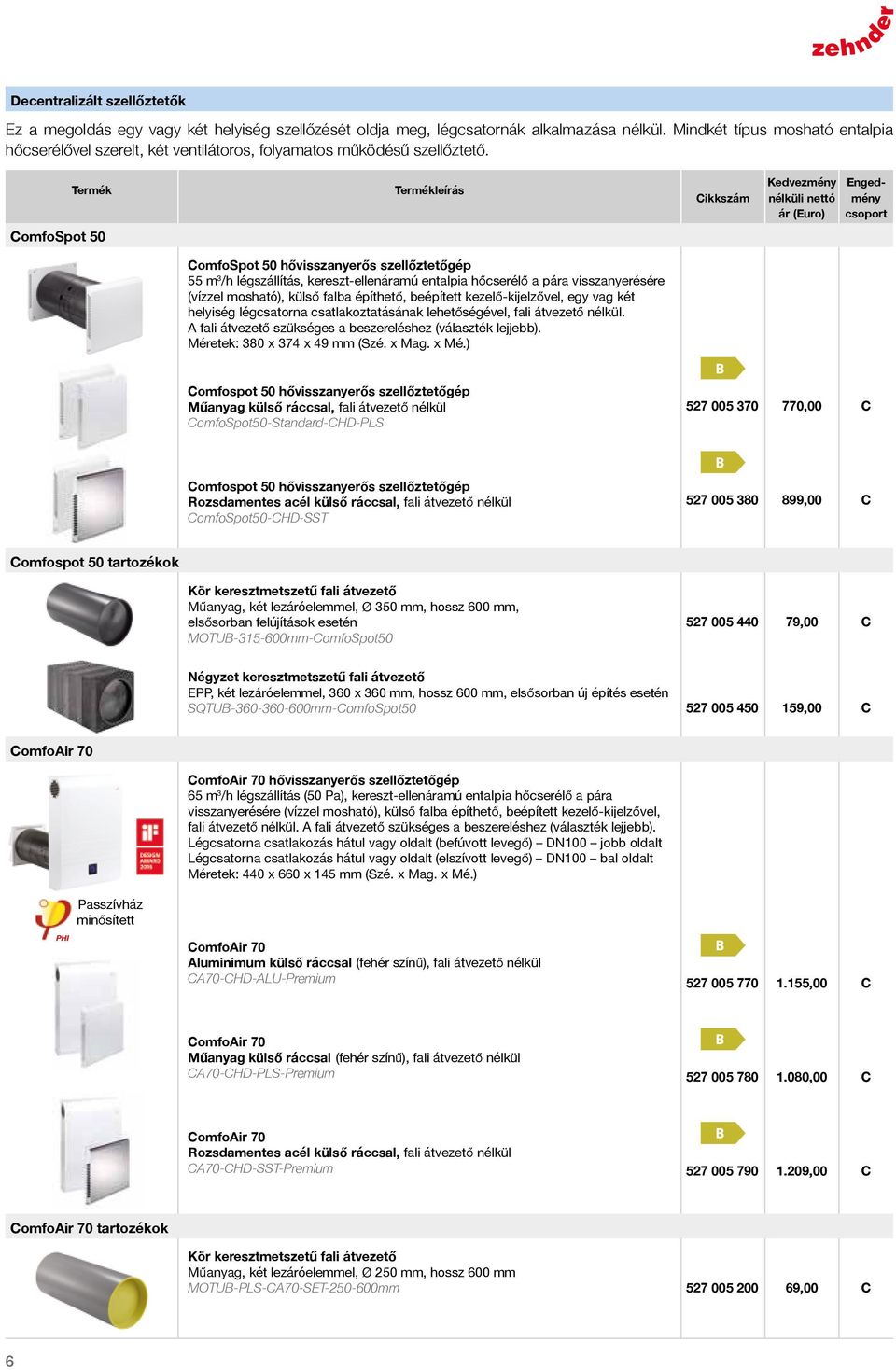 ikkszám ár (uro) ngedmény omfospot 50 omfospot 50 hővisszanyerős szellőztetőgép 55 m 3 /h légszállítás, kereszt-ellenáramú entalpia hőcserélő a pára visszanyerésére (vízzel mosható), külső falba