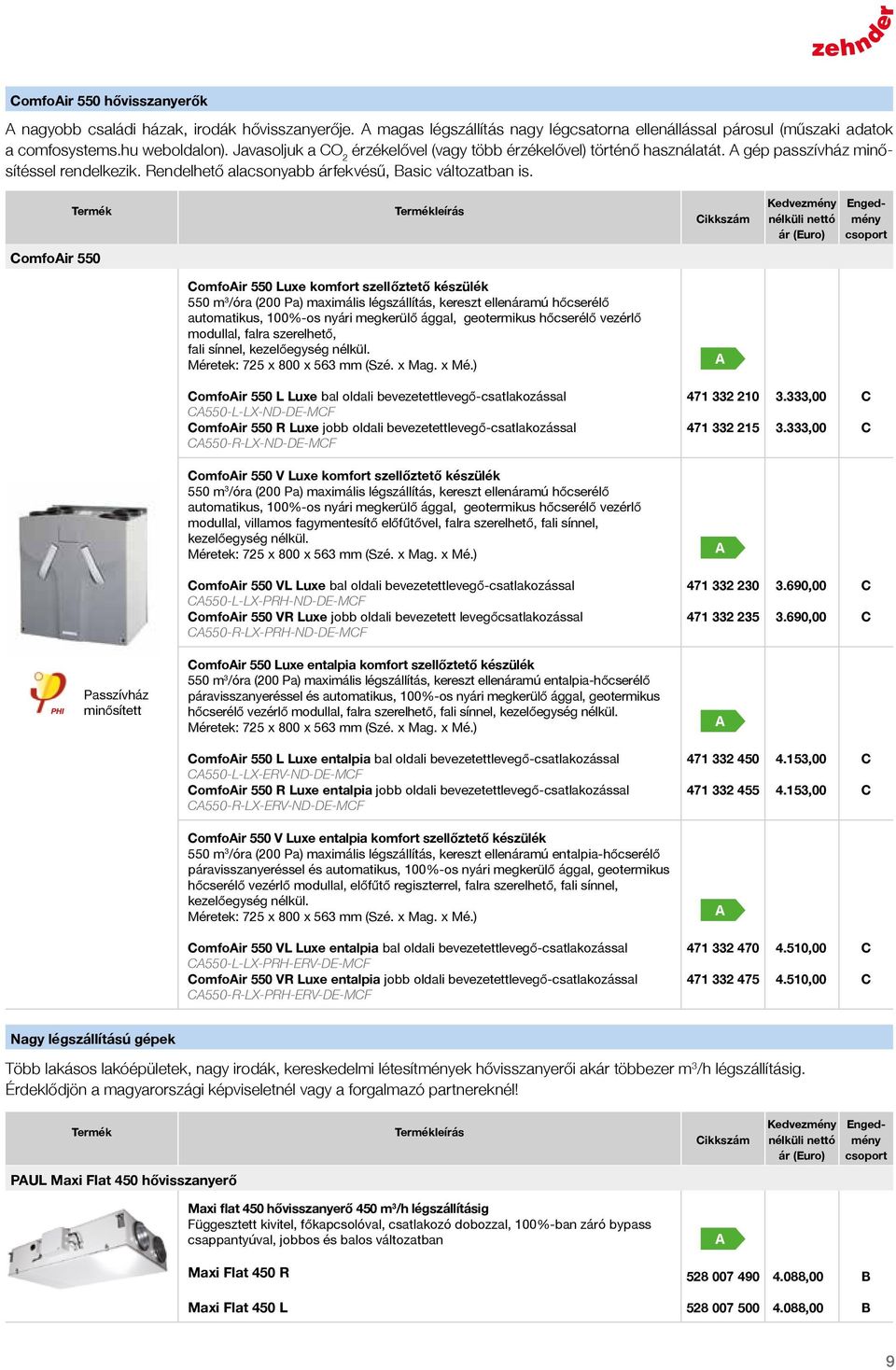 ikkszám ár (uro) ngedmény omfoir 550 omfoir 550 Luxe komfort szellőztető készülék 550 m 3 /óra (200 Pa) maximális légszállítás, kereszt ellenáramú hőcserélő automatikus, 100%-os nyári megkerülő