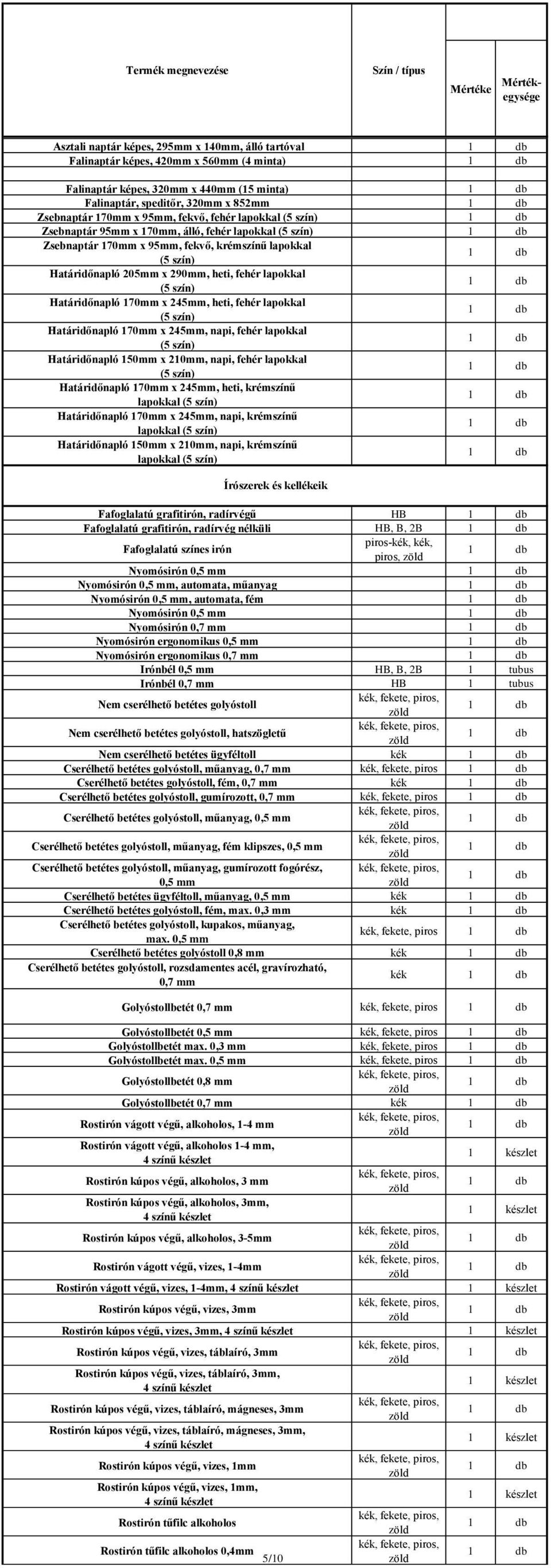 95mm, fekvő, krémszínű lapokkal (5 szín) Határidőnapló 205mm x 290mm, heti, fehér lapokkal (5 szín) Határidőnapló 170mm x 245mm, heti, fehér lapokkal (5 szín) Határidőnapló 170mm x 245mm, napi, fehér