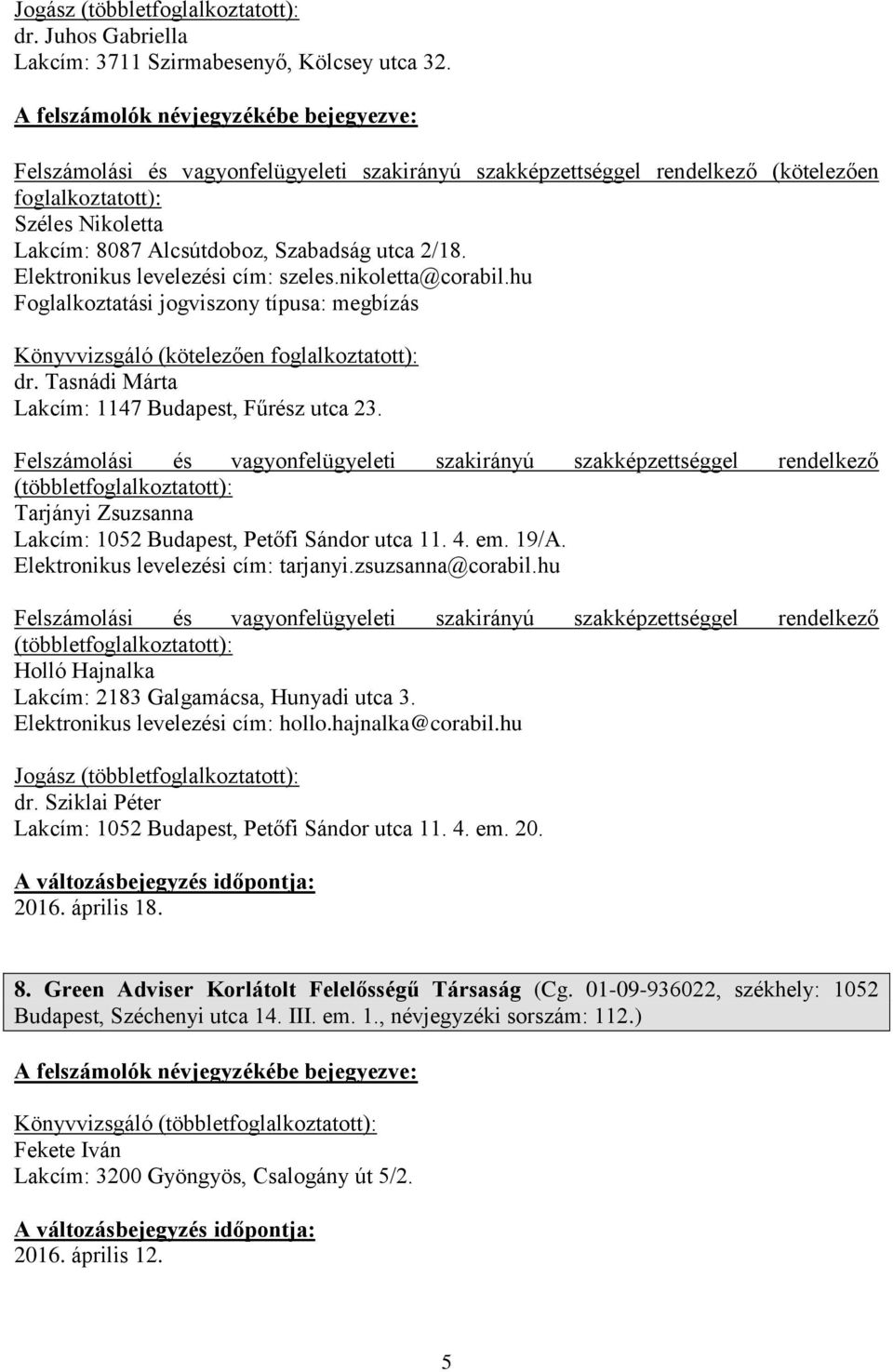 Elektronikus levelezési cím: tarjanyi.zsuzsanna@corabil.hu (többlet Holló Hajnalka Lakcím: 2183 Galgamácsa, Hunyadi utca 3. Elektronikus levelezési cím: hollo.hajnalka@corabil.hu Jogász (többlet dr.