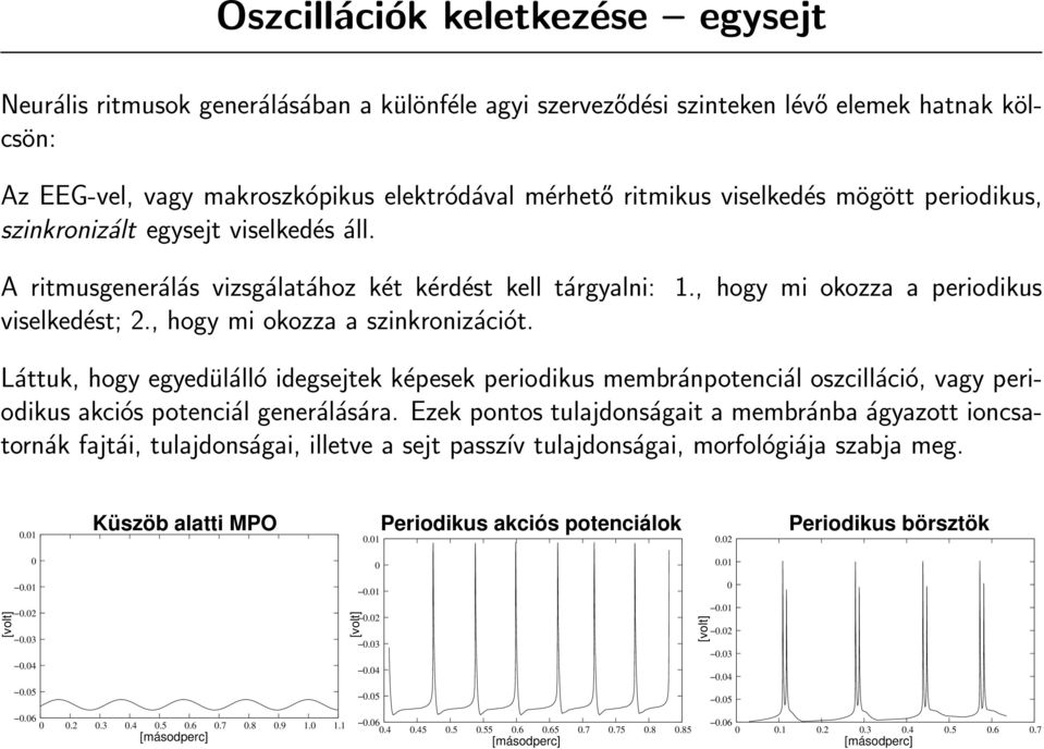 , hogy mi okozza a szinkronizációt. Láttuk, hogy egyedülálló idegsejtek képesek periodikus membránpotenciál oszcilláció, vagy periodikus akciós potenciál generálására.