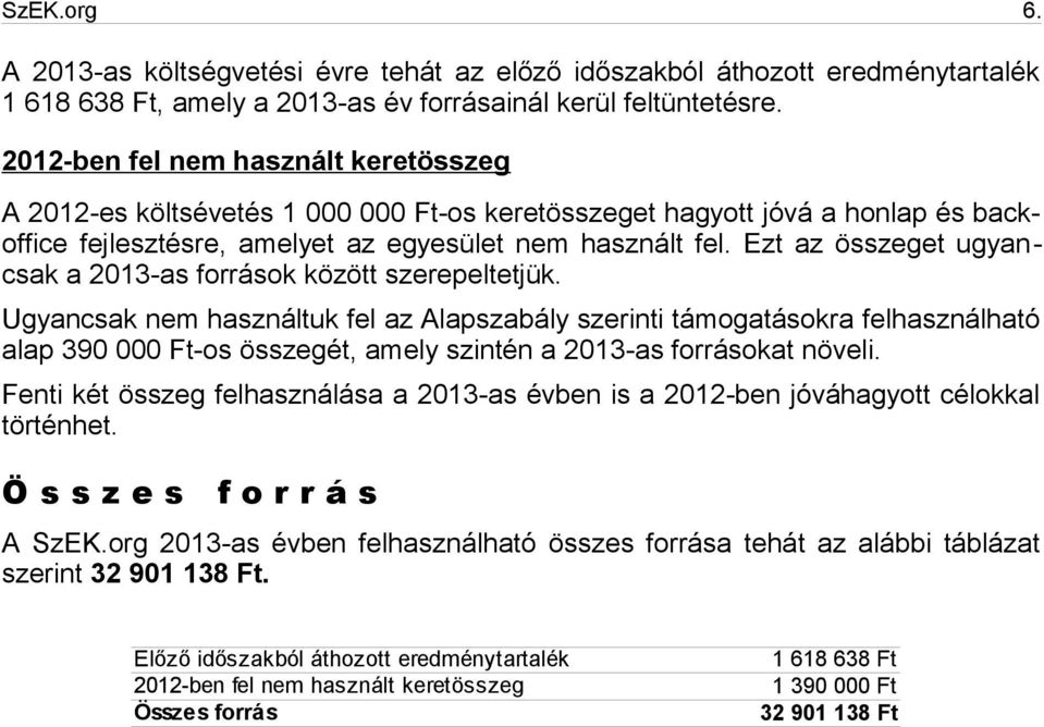 Ezt az összeget ugyancsak a 2013-as források között szerepeltetjük.