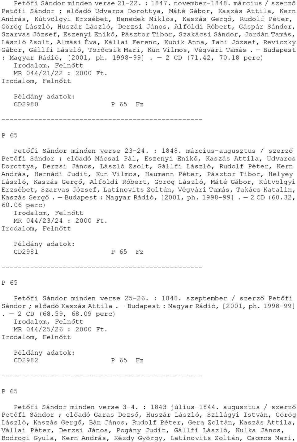 János, Alföldi Róbert, Gáspár Sándor, Szarvas József, Eszenyi Enikő, Pásztor Tibor, Szakácsi Sándor, Jordán Tamás, László Zsolt, Almási Éva, Kállai Ferenc, Kubik Anna, Tahi József, Reviczky Gábor,