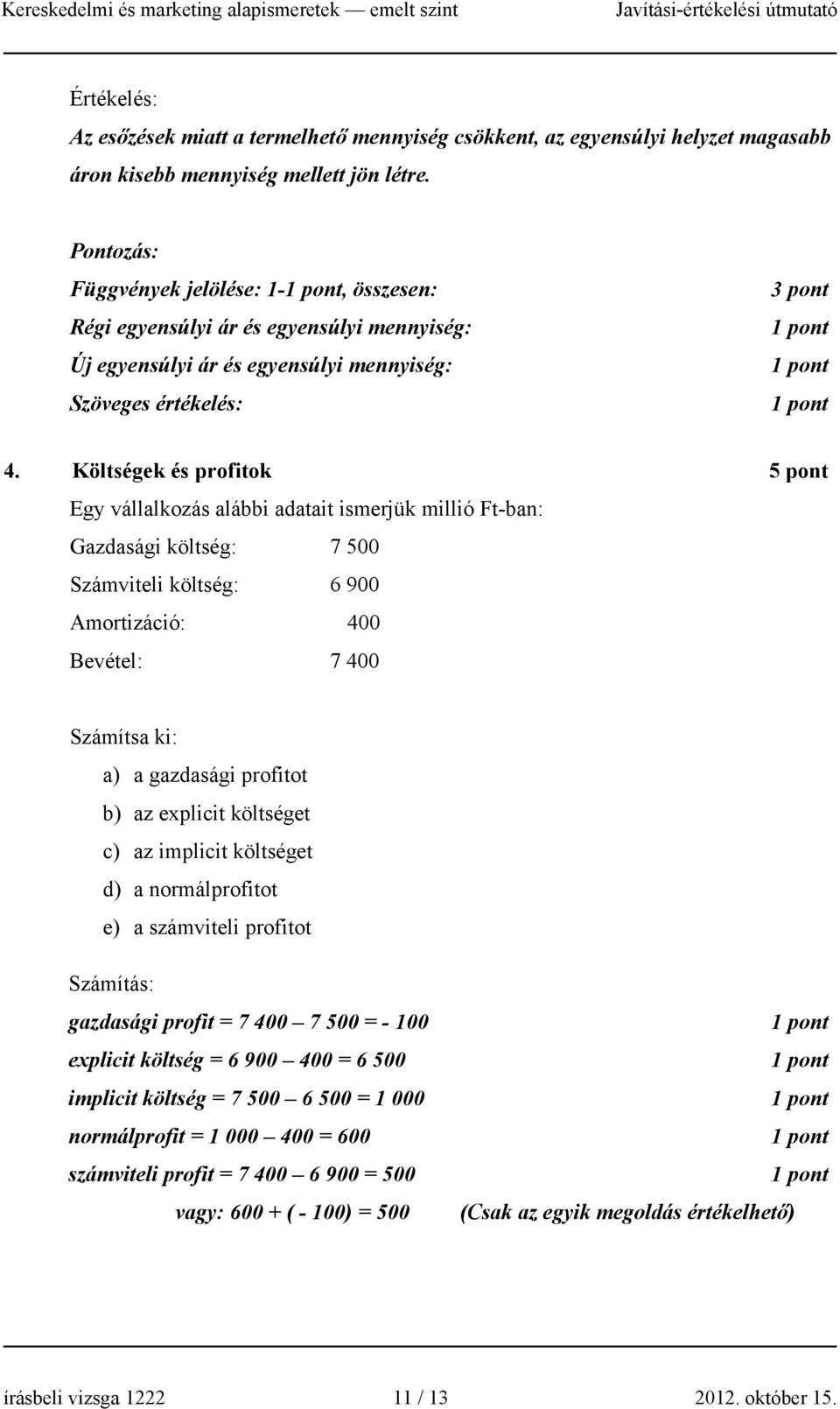 Költségek és profitok 5 pont Egy vállalkozás alábbi adatait ismerjük millió Ft-ban: Gazdasági költség: 7 500 Számviteli költség: 6 900 Amortizáció: 400 Bevétel: 7 400 Számítsa ki: a) a gazdasági