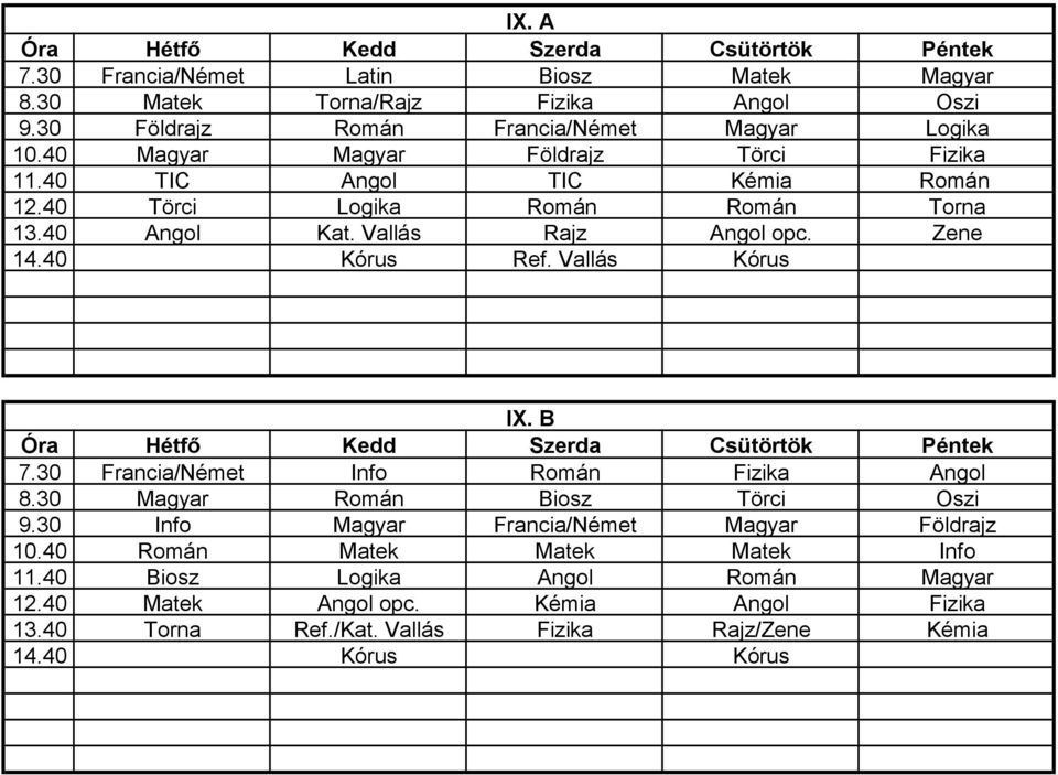 40 Kórus Ref. Vallás Kórus IX. B 7.30 Francia/Német Info Román Fizika Angol 8.30 Magyar Román Biosz Törci Oszi 9.
