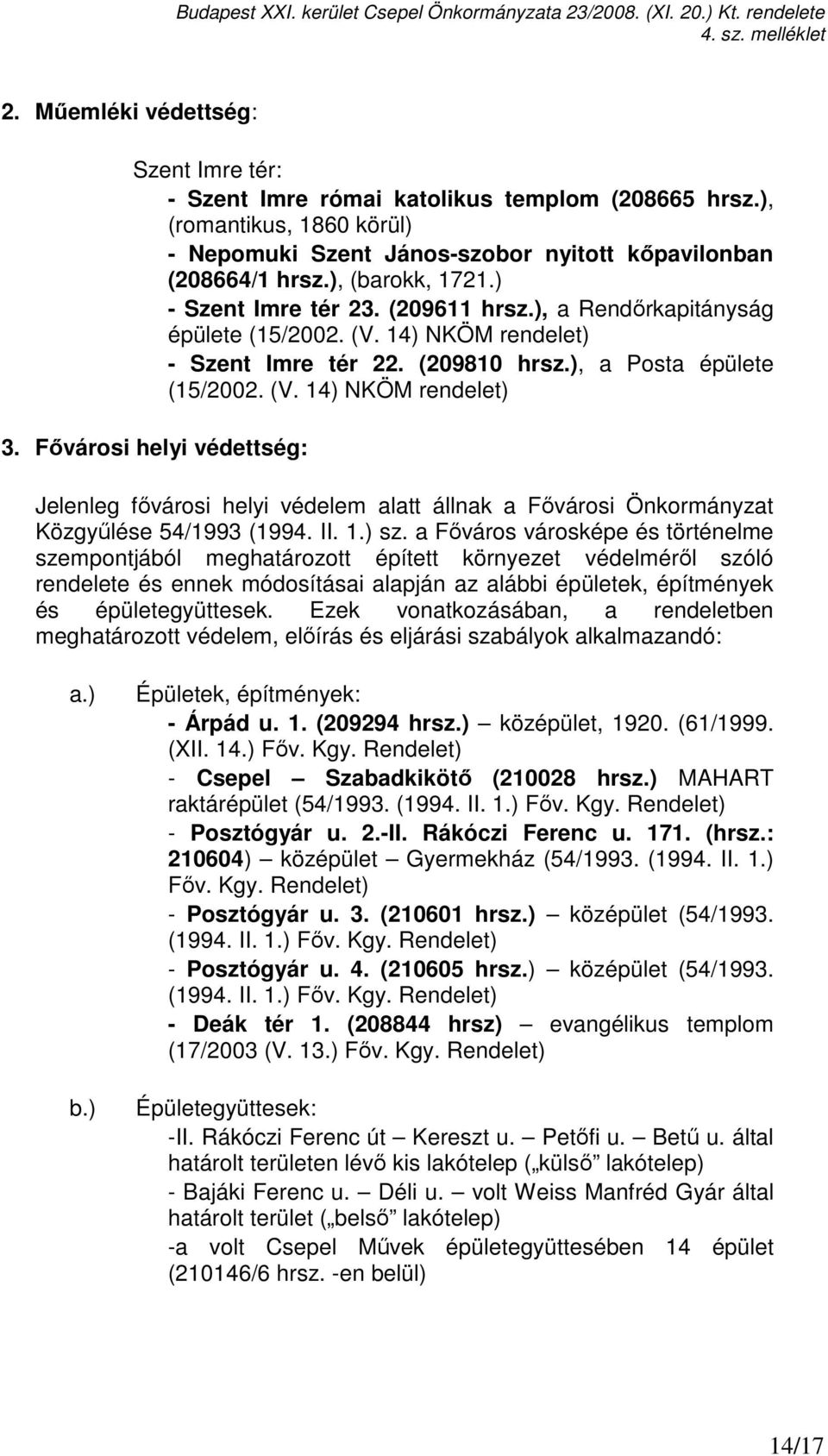 Fıvárosi helyi védettség: Jelenleg fıvárosi helyi védelem alatt állnak a Fıvárosi Önkormányzat Közgyőlése 54/1993 (1994. II. 1.) sz.