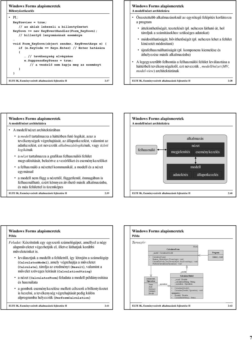 suppresskeypress = true; // a vezérlő nem kapja meg az eseményt A modell/nézet architektúra Összetettebb alkalmazásoknál az egyrétegű felépítés korlátozza a program áttekinthetőségét, tesztelését (pl.