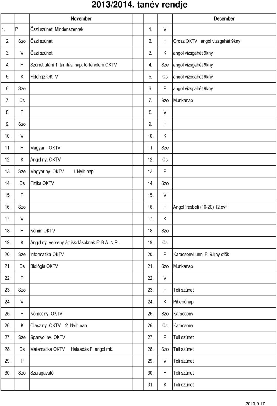 H Magyar i. OKTV 11. Sze 12. K Angol ny. OKTV 12. Cs 13. Sze Magyar ny. OKTV 1.Nyílt nap 13. P 14. Cs Fizika OKTV 14. Szo 15. P 15. V 16. Szo 16. H Angol (16-20) 12.évf. 17. V 17. K 18.