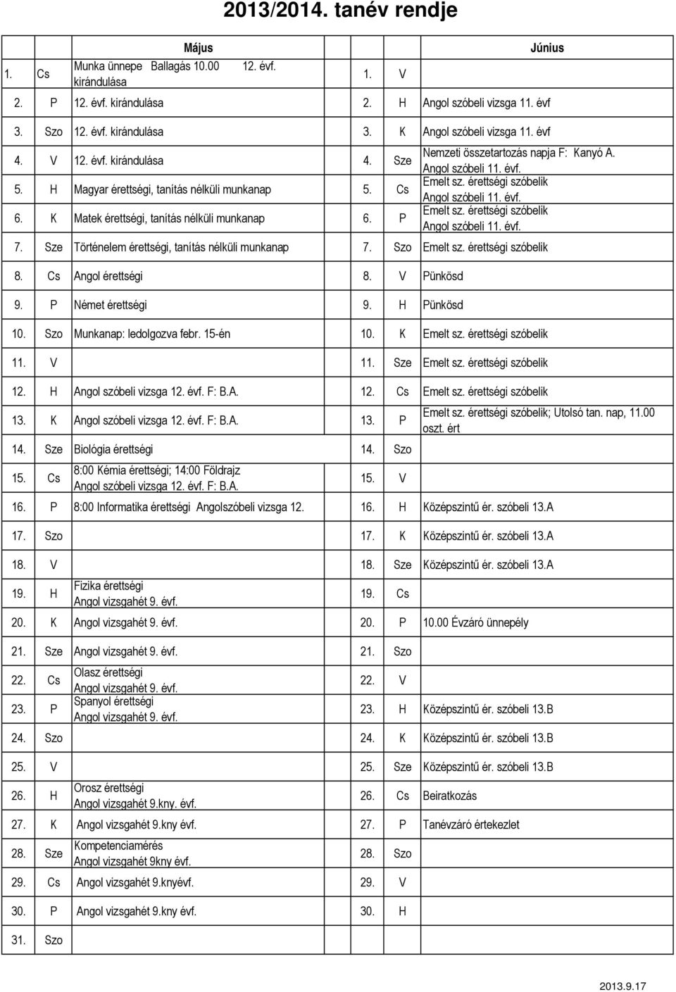 K Matek érettségi, tanítás nélküli munkanap 6. P Emelt sz. érettségi szóbelik 7. Sze Történelem érettségi, tanítás nélküli munkanap 7. Szo Emelt sz. érettségi szóbelik 8. Cs Angol érettségi 8.